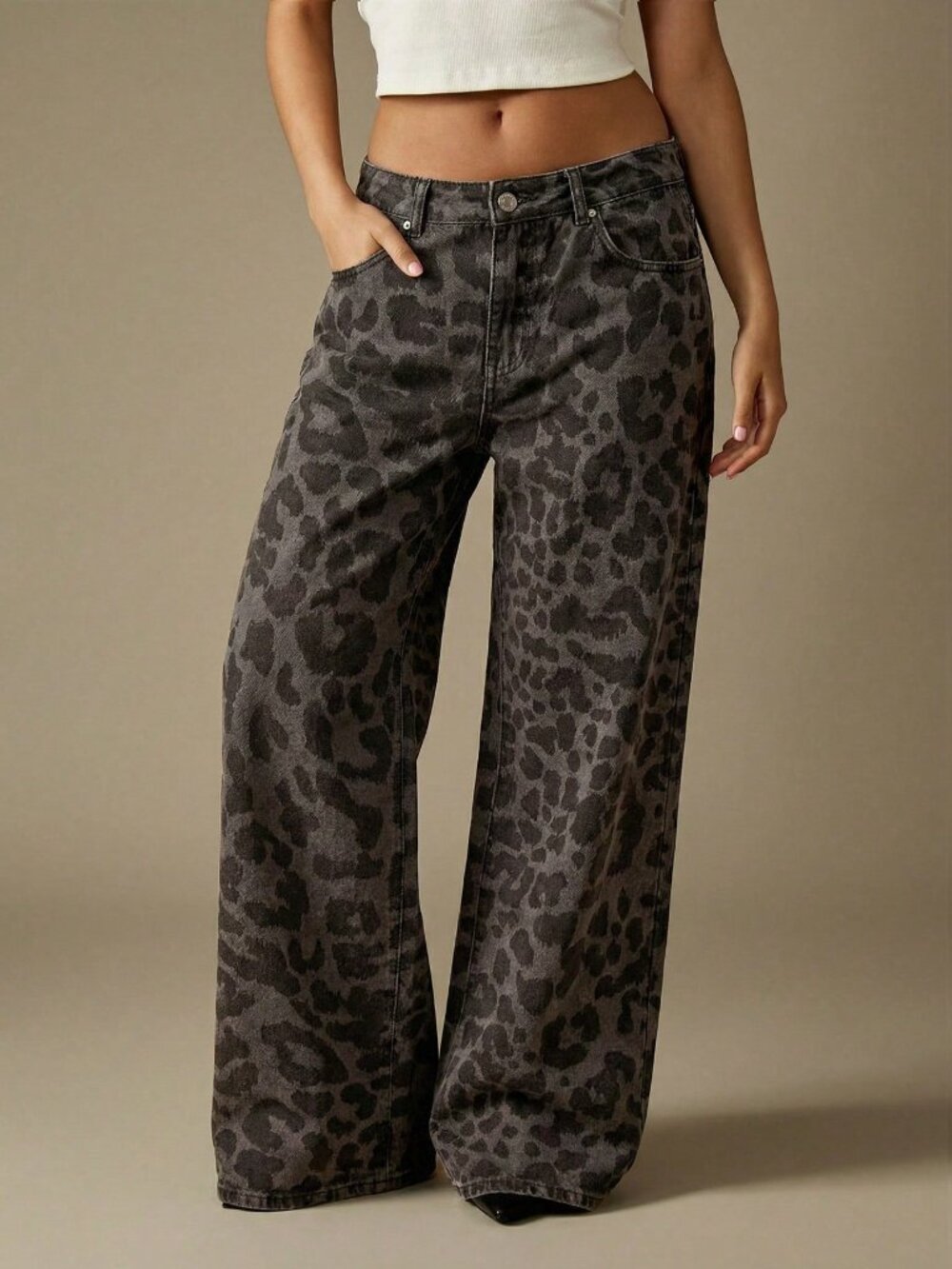 Grey Casual Women's Mid Rise Baggy Leopard Print Denim Wide Leg Jeans